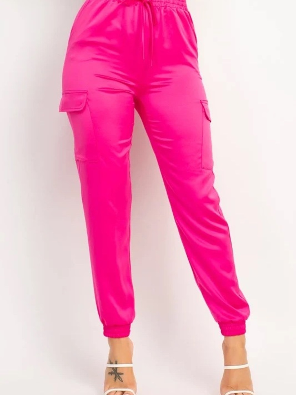 High-Rise Satin Cargo Joggers in Hot Pink